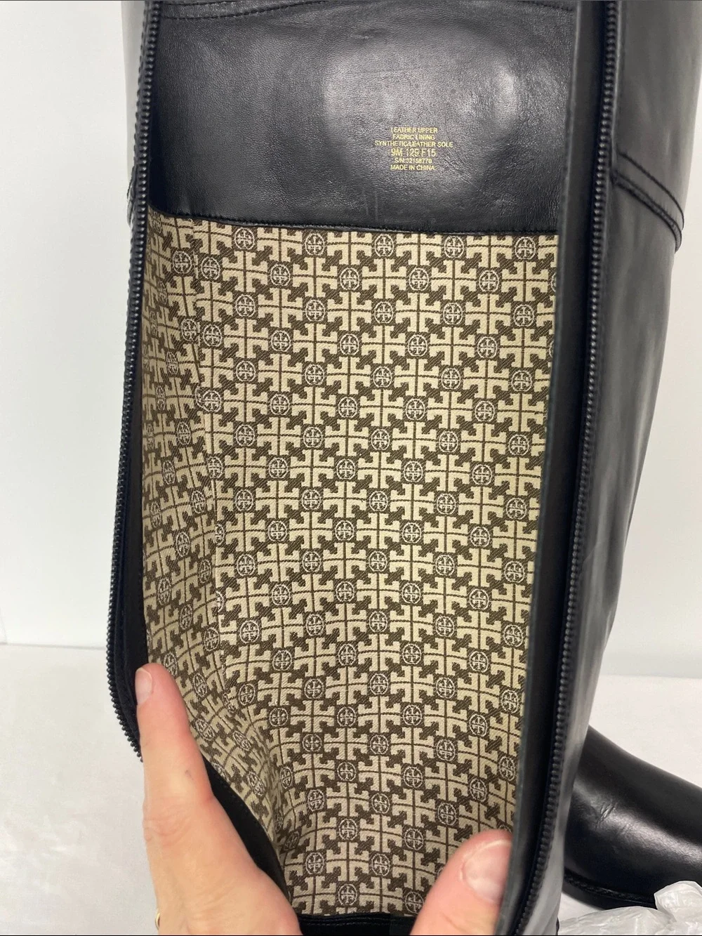 Tory Burch Black Leather Riding Boots with Gold Logo, Size 9